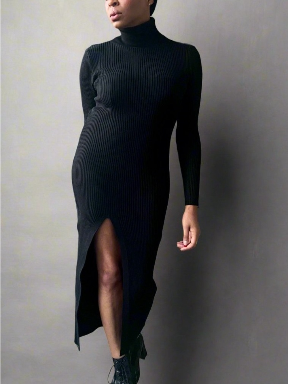 Black Ribbed Turtleneck Long Sleeve Midi Dress with Front Slit